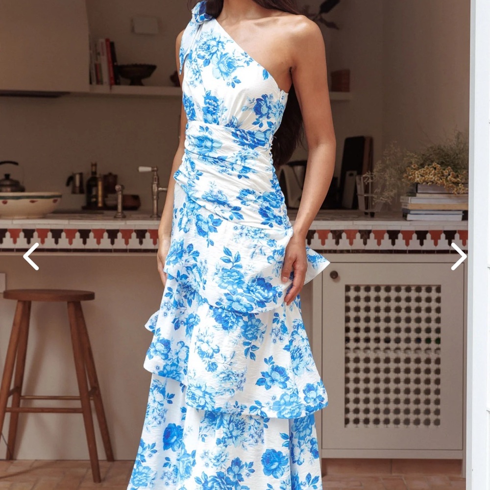 Floral Blue and White One-Shoulder Dress